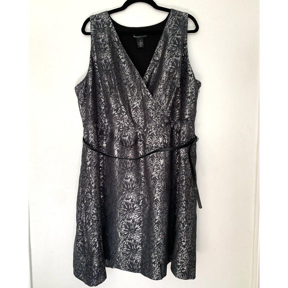 Lane Bryant Brocade Shimmer Fit Flare Dress W/Belt 22 Smoky-‎ gray silver Party